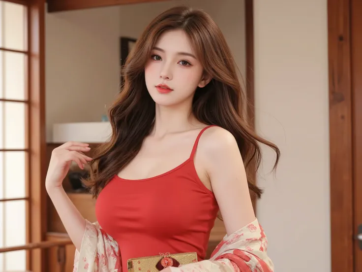Girl wearing, luxury  red  color u shape tank top  , long wavy thick hair, glowing skin, red lips, suitable background, Japanese background with good lighting , cute poses , upper body, brown hair, ,  nose blush, holding golden purse, long shawl on shoulde...