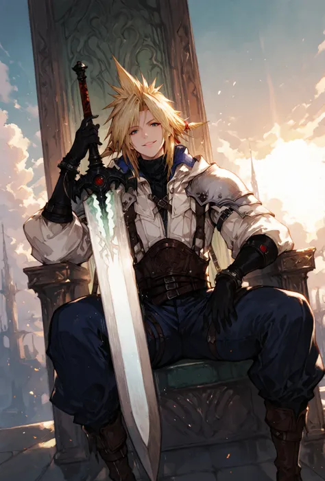 (score_9,score_8_up,score_7_up),((MAN, 1 MAN, CLOUD STRIFFE , FINAL FANTASY VII, CLOUD full SOLDIER clothers, WITH A BASTARD SWORD SITTING IN A THRONE,), ,,extremely detailed,dynamic lighting,best quality,,,best quality,high quality,, , dynamic angle, , th...