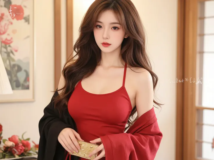 Girl wearing, luxury  red  color u shape tank top  , long wavy thick hair, glowing skin, red lips, suitable background, Japanese background with good lighting , cute poses , upper body, brown hair, ,  nose blush, holding golden purse, long shawl on shoulde...