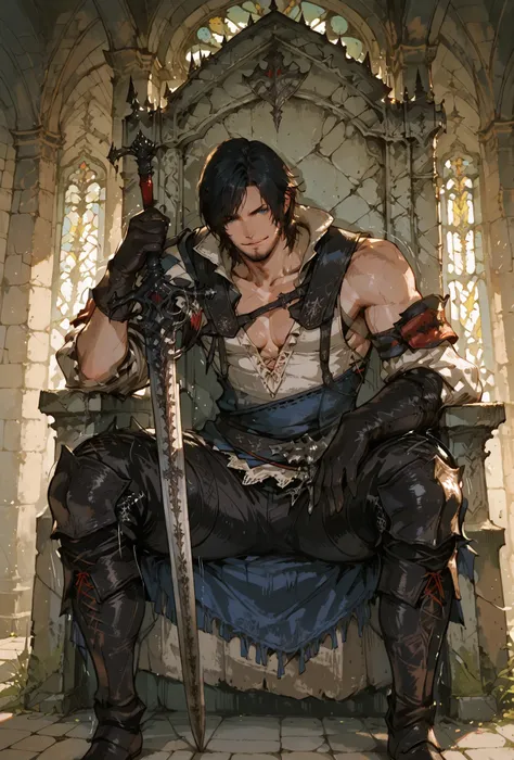 (score_9,score_8_up,score_7_up),((MAN, 1 MAN, CLIVE, FINAL FANTASY XVI, CLIVE full clothers, WITH SWORD SITTING IN A MEDIEVAL THRONE, HALL OF A MEDIEVAL NOBLE CASTLE, LIGHT MUSCLE,muscle BODY TYPE,)), ,,extremely detailed,dynamic lighting,best quality,,,be...