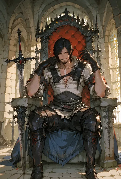 (score_9,score_8_up,score_7_up),((MAN, 1 MAN, CLIVE, FINAL FANTASY XVI, CLIVE full clothers, WITH SWORD SITTING IN A MEDIEVAL THRONE, HALL OF A MEDIEVAL NOBLE CASTLE, LIGHT MUSCLE,muscle BODY TYPE,)), ,,extremely detailed,dynamic lighting,best quality,,,be...