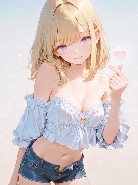 (nsfw)，(uncut)，score_9, score_8_up, score_7_up, score_6_up,
BREAK, petite, petite build，(medium breasts, cleavage), skinny figure，short stature，baby face，solo, long blonde hair, detailed big blue eyes, smile, mini shorts, open fly，off-the-shoulder，looking ...