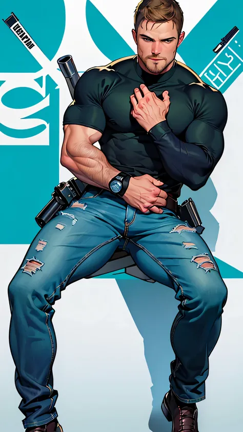 vpl,vpl,1 man, male focus solo,45 yo man, (((Stephen AMELL as private investigator))), lean muscle, open blue shirt, marine blue jeans with brown belt ,( bulge), full body shot, dark blond short hair, BLUE GREEN EYES , well groomed facial hair, (((( HANDS...