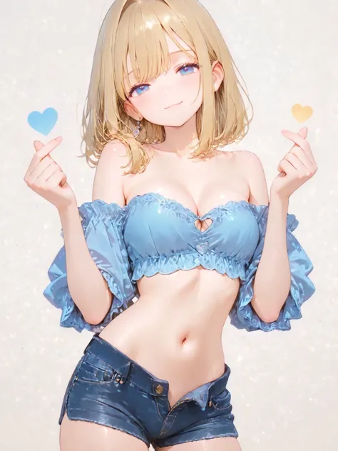 (nsfw)，(uncut)，score_9, score_8_up, score_7_up, score_6_up,
BREAK, petite, petite build，(medium breasts, cleavage), skinny figure，short stature，baby face，solo, long blonde hair, detailed big blue eyes, smile, mini shorts, open fly，off-the-shoulder，looking ...