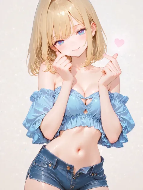 (nsfw)，(uncut)，score_9, score_8_up, score_7_up, score_6_up,
BREAK, petite, petite build，(medium breasts, cleavage), skinny figure，short stature，baby face，solo, long blonde hair, detailed big blue eyes, smile, mini shorts, open fly，off-the-shoulder，looking ...