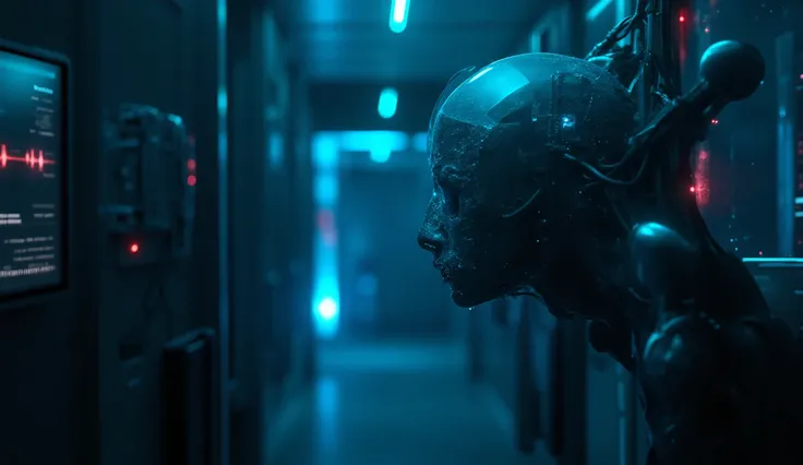 Create a dark and futuristic digital wallpaper for a video, inspired by the theme of transhumanism. The atmosphere must be cold, clinical and slightly worrying, with a cyberpunk aesthetic. Include a sterile high-tech lab environment, with dominant shades o...