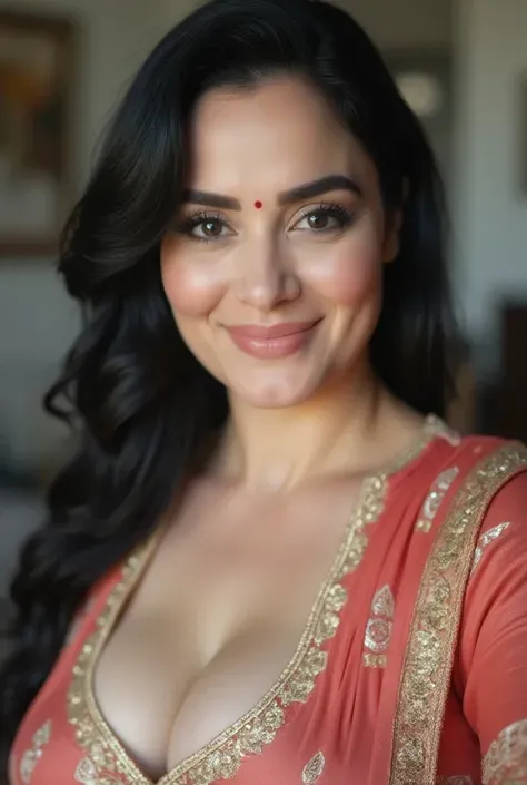  ((32K, top-quality:1.5, masterpiece, A high resolution, Photorealsitic)), A beautiful homely Bengali curvy healthy figure Pakistan's 40 years old , light glossy lips, thick vermillion on forehead Sindoor, woman wearing coloured satin kurta
Taking selfie a...