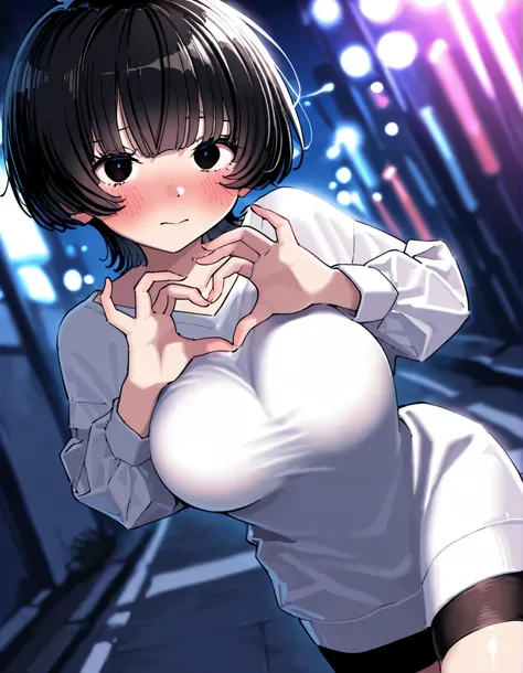 score_9, score_8_up, score_7_up, score_6_up, score_5_up, score_4_up, (masterpiece: 1.0), best quality, 1girl , Alone, Viewer, short hair, demon, 小demon, shy, demon服装, demon犄角, charming, blush, heart gesture, dynamic angle, big breasts, style: midjourney, c...