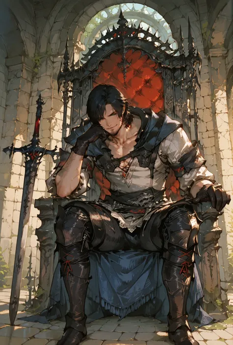 (score_9,score_8_up,score_7_up),((MAN, 1 MAN, CLIVE, FINAL FANTASY XVI, CLIVE full clothers, WITH SWORD SITTING IN A MEDIEVAL THRONE, HALL OF A MEDIEVAL NOBLE CASTLE, LIGHT MUSCLE,muscle BODY TYPE,)), ,,extremely detailed,dynamic lighting,best quality,,,be...