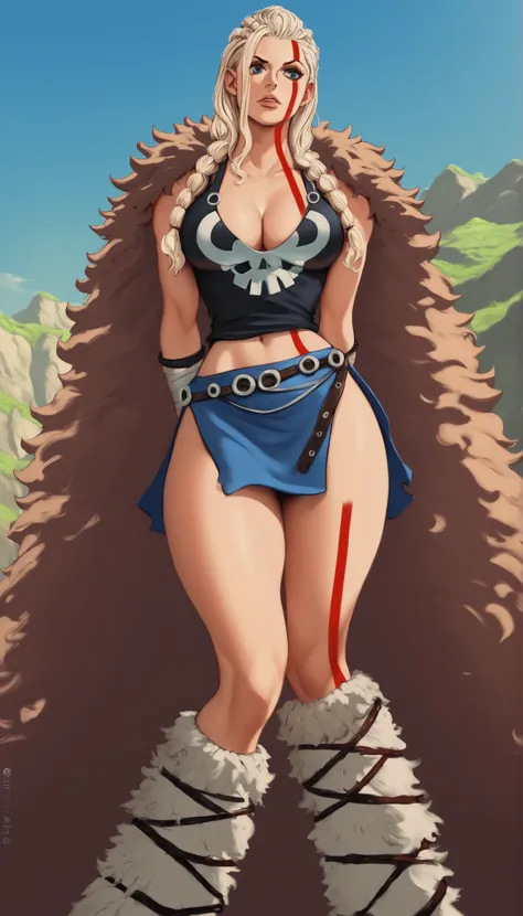 RIpleyOP, 1girl, solo, giant woman, giantess, slender figure, muscular female, long hair, light hair, braids, bangs, lips, blue eyes, large breast,  thick muscular thighs, wide curvy hips, voluptuous body, Curvy body, thicc woman, cleavage, dark tank top, ...