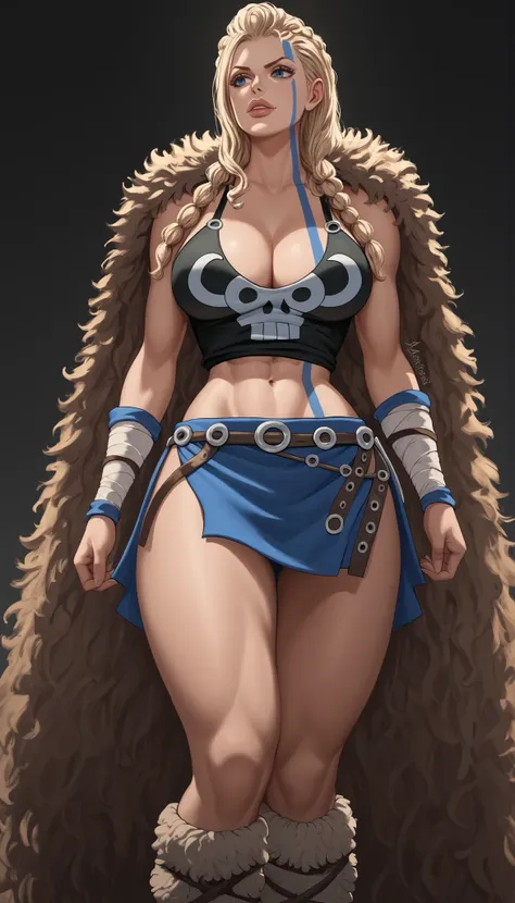 RIpleyOP, 1girl, solo, giant woman, giantess, slender figure, muscular female, long hair, light hair, braids, bangs, lips, blue eyes, large breast,  thick muscular thighs, wide curvy hips, voluptuous body, Curvy body, thicc woman, cleavage, dark tank top, ...