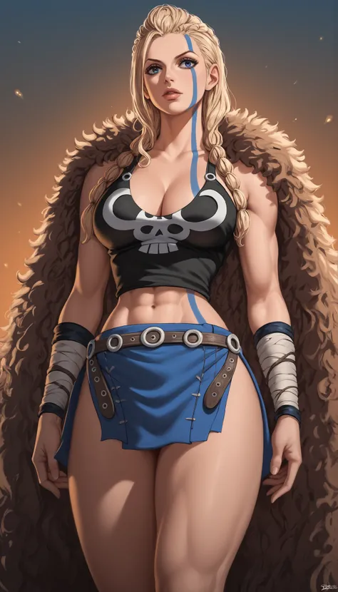 RIpleyOP, 1girl, solo, giant woman, giantess, slender figure, muscular female, long hair, light hair, braids, bangs, lips, blue eyes, large breast,  thick muscular thighs, wide curvy hips, voluptuous body, Curvy body, thicc woman, cleavage, dark tank top, ...