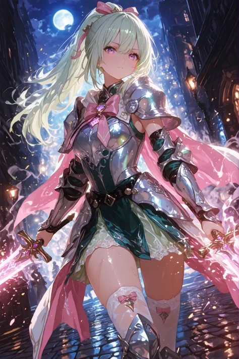 (masterpiece, detailed:1.2), (best quality, ultra-detailed, highres, cinematic lighting, dynamic composition), anatomical perfect,
a beautiful magical warrior girl fighting in the middle of a city at night,
she wields a long glowing magic lance surround...