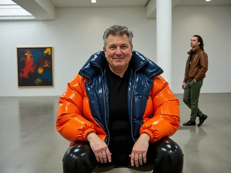 a 60 year old large woman with short grey hair and deep smile lines, her body stout and powerful, dressed in a brilliant orange and midnight blue Colmar1260 puffer coat that has a high-gloss, almost liquid sheen, the jacket is unzipped revealing a simple b...