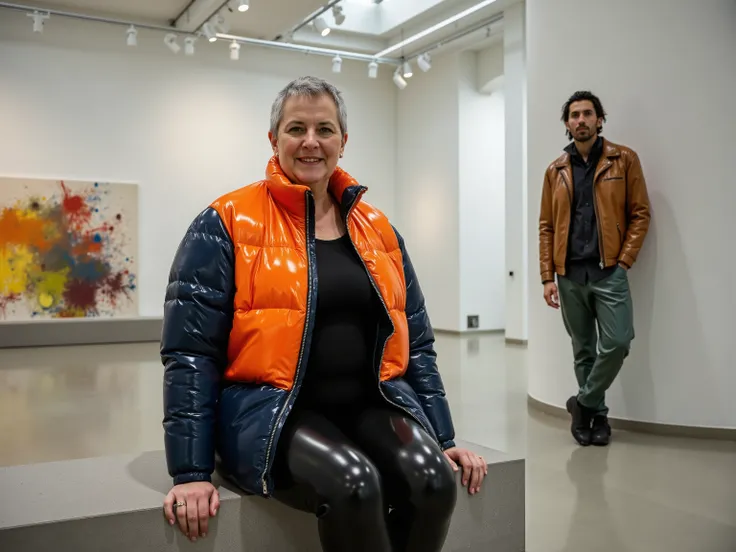 a 60 year old large woman with short grey hair and deep smile lines, her body stout and powerful, dressed in a brilliant orange and midnight blue Colmar1260 puffer coat that has a high-gloss, almost liquid sheen, the jacket is unzipped revealing a simple b...