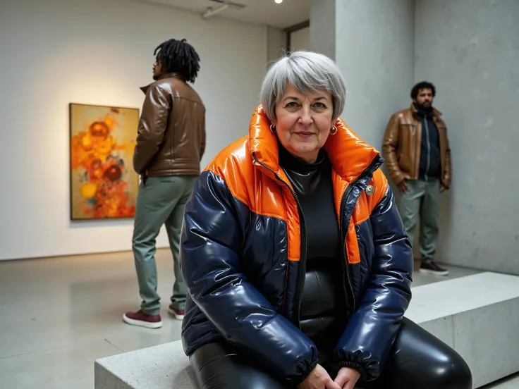 a 60 year old large woman with short grey hair and deep smile lines, her body stout and powerful, dressed in a brilliant orange and midnight blue Colmar1260 puffer coat that has a high-gloss, almost liquid sheen, the jacket is unzipped revealing a simple b...