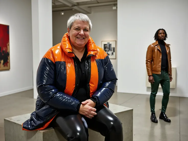 a 60 year old large woman with short grey hair and deep smile lines, her body stout and powerful, dressed in a brilliant orange and midnight blue Colmar1260 puffer coat that has a high-gloss, almost liquid sheen, the jacket is unzipped revealing a simple b...