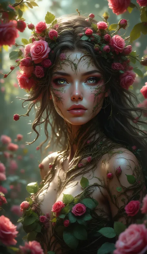 девушка-друид-rose, , prickly and impregnable but beautiful, (girl-rose hybrid, incredible mythical creature, half-man-half-elf-plant(rose), red rose druid)  hyperdetail,hyperrealism, невероятный кадр- девушка-rose,crazy shot on the blurred background of a...