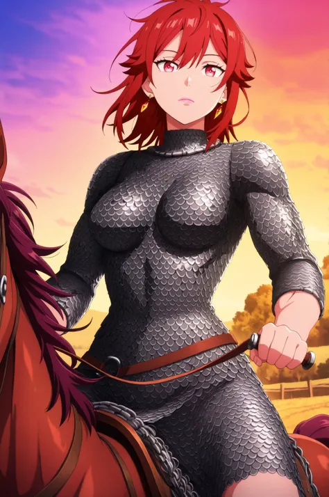 Tomo Aizawa , medium hair, red hair, medium breasts, earrings, pink lips , fire red eyes, muscle body, |  masterpiece, best quality, absurdres, detailed skin, detailed eyes, anime colored, anime screencap,  looking at viewer, chainmail, expressionless, (co...
