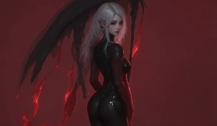 looking away, 1girl , difficult 、 sexy pose, full body, long legs, Asian Beauty , Perfect Style, perfect body, Drow is a female dark elf with unnaturally black skin, white long wavy hair, with red eyes, beautiful, In black clothes. Skinny. good lighting...