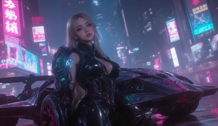 
(Masterpiece), (best quality), ultra-detailed, photorealistic, 8K resolution, cinematic daylight and neon atmosphere

A full-body hyperrealistic cyberpunk portrait of a stunning young gothic woman in a sleek black latex bodysuit, standing in a dramatic po...