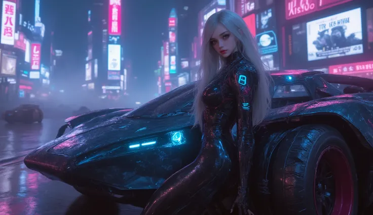 
(Masterpiece), (best quality), ultra-detailed, photorealistic, 8K resolution, cinematic daylight and neon atmosphere

A full-body hyperrealistic cyberpunk portrait of a stunning young gothic woman in a sleek black latex bodysuit, standing in a dramatic po...