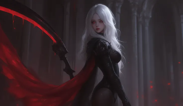 looking away, 1girl , difficult 、 sexy pose, full body, long legs, Asian Beauty , Perfect Style, perfect body, Drow is a female dark elf with unnaturally black skin, white long wavy hair, with red eyes, beautiful, In black clothes. Skinny. good lighting...