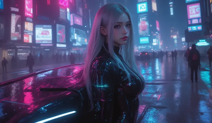 
(Masterpiece), (best quality), ultra-detailed, photorealistic, 8K resolution, cinematic daylight and neon atmosphere

A full-body hyperrealistic cyberpunk portrait of a stunning young gothic woman in a sleek black latex bodysuit, standing in a dramatic po...