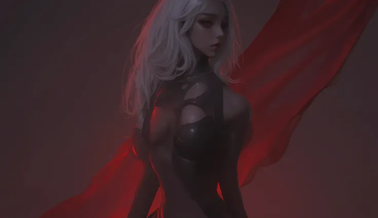 looking away, 1girl , difficult 、 sexy pose, full body, long legs, Asian Beauty , Perfect Style, perfect body, Drow is a female dark elf with unnaturally black skin, white long wavy hair, with red eyes, beautiful, In black clothes. Skinny. good lighting...