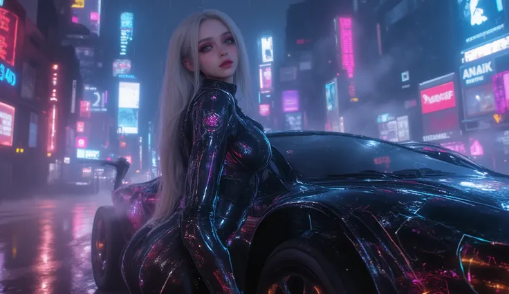
(Masterpiece), (best quality), ultra-detailed, photorealistic, 8K resolution, cinematic daylight and neon atmosphere

A full-body hyperrealistic cyberpunk portrait of a stunning young gothic woman in a sleek black latex bodysuit, standing in a dramatic po...