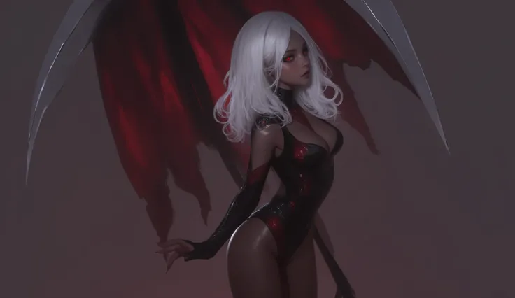 looking away, 1girl , difficult 、 sexy pose, full body, long legs, Asian Beauty , Perfect Style, perfect body, Drow is a female dark elf with unnaturally black skin, white long wavy hair, with red eyes, beautiful, In black clothes. Skinny. good lighting...