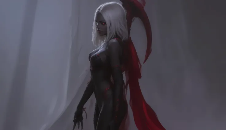 looking away, 1girl , difficult 、 sexy pose, full body, long legs, Asian Beauty , Perfect Style, perfect body, Drow is a female dark elf with unnaturally black skin, white long wavy hair, with red eyes, beautiful, In black clothes. Skinny. good lighting...