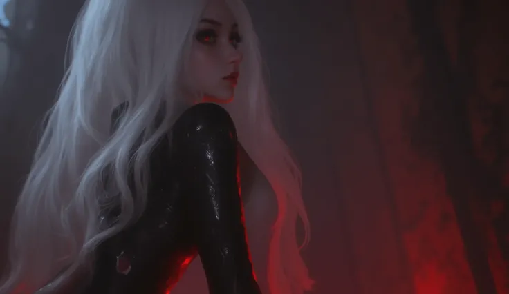 looking away, 1girl , difficult 、 sexy pose, full body, long legs, Asian Beauty , Perfect Style, perfect body, Drow is a female dark elf with unnaturally black skin, white long wavy hair, with red eyes, beautiful, In black clothes. Skinny. good lighting...