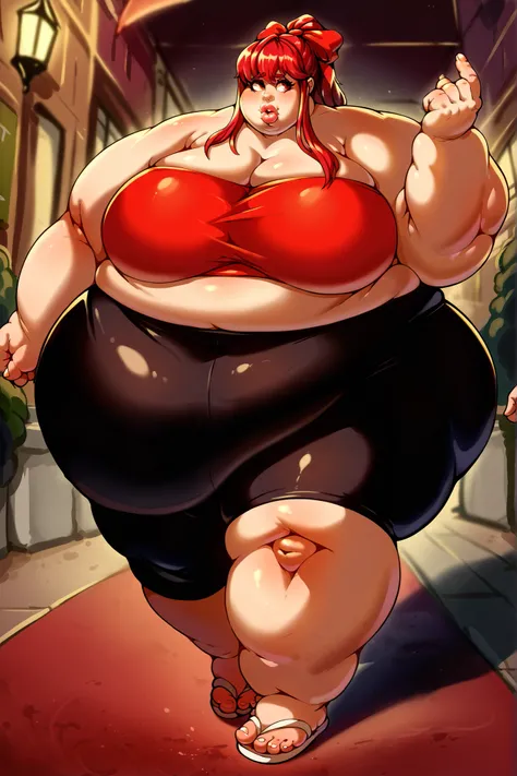 defSumi, long hair, ponytail, red bow, red hair, tube top, black bike shorts, sandals, giant hands, giant feet, fat, chubby, obese, gigantic arms and legs, gigantic breasts, sagging breasts, full body shot, fat face, chubby face, double chins, big lips, fa...