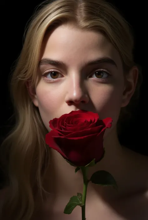 A close-up portrait of a fair-skinned, young girl, likely in her early eighteen years old, with striking dark eyes gazing directly at the viewer. Her lips is partially obscured by a vibrant, deep red rose. She has flowing, wavy blonde hair, cascading aroun...