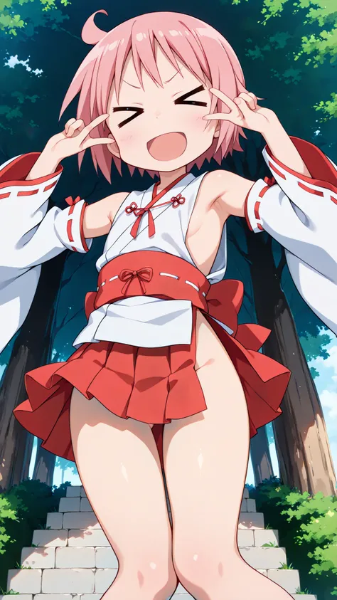 nonohara yuzuko, pink hair, short hair, ahoge,,bangs,nsfw,((anime style)),score_9, score_8_up, score_7_up, source_anime,,1girl, ((miko)),  (((((mini slit red skirt))))),, Exposed thighs ,Obi knot, (flat chest) , ((side boob)) , (No panties) ,  ,(Sleeveless...