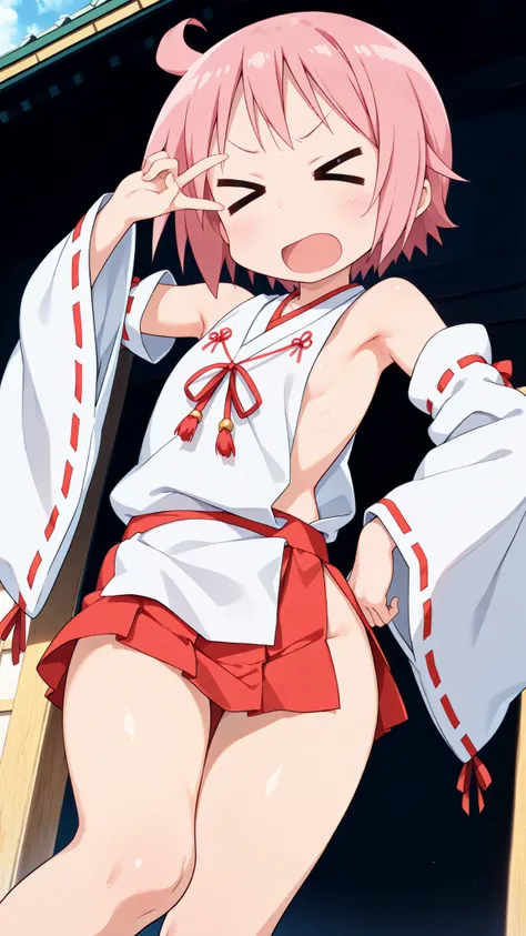nonohara yuzuko, pink hair, short hair, ahoge,,bangs,nsfw,((anime style)),score_9, score_8_up, score_7_up, source_anime,,1girl, ((miko)),  (((((mini slit red skirt))))),, Exposed thighs ,Obi knot, (flat chest) , ((side boob)) , (No panties) ,  ,(Sleeveless...