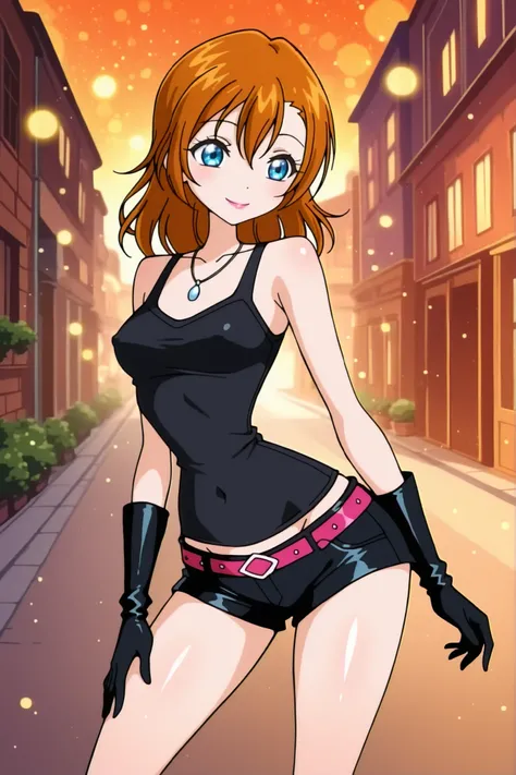 winx,  shiny skin, shiny hair, warm_palette, bokeh_background , 1girl, kousaka honoka, cowboy shot, black tank top,micro black shorts , black gloves, necklace, makeup around eyes,(contrapposto:1.3), confident smile , covered navel , lowleg,belt,(covered ni...