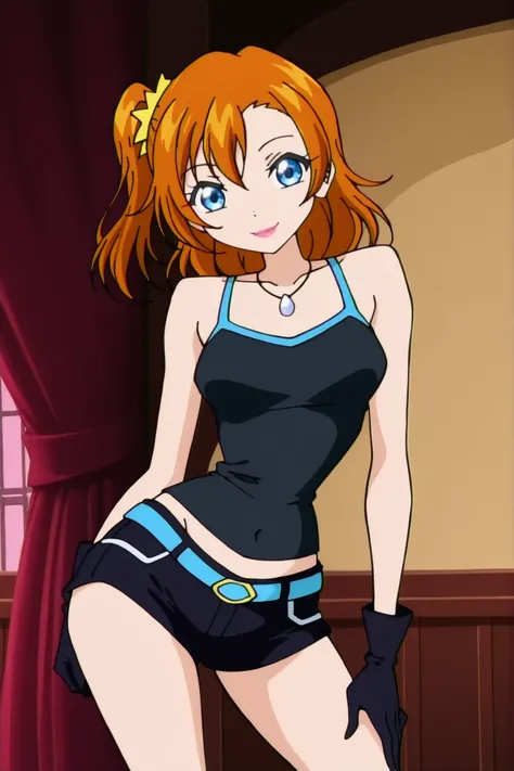 winx , 1girl, anime screen cap, kousaka honoka, cowboy shot, black tank top,micro black shorts , black gloves, necklace, makeup around eyes,(contrapposto:1.3), confident smile , covered navel , lowleg,belt,(covered nipples:0.8), indoors ,wide hips,thin wai...