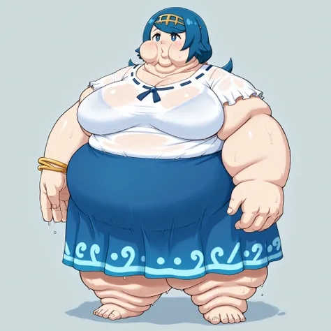 pokemonmotherlana, blue eyes, blue hair, freckles, hair ornament, long hair, swept bangs, bright pupils,
blouse, blue skirt, bracelet, collarbone, dress, jewelry, long skirt, shirt, short sleeves, skirt, white shirt, blank_stare, empty_stare,  fat, chubby,...