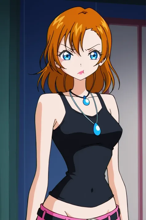 winx , 1girl, anime screen cap, kousaka honoka, upper body, black tank top, necklace, makeup , lipstick, pouting , covered navel , lowleg,belt,(covered nipples:0.8), indoors 
