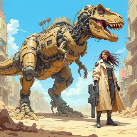 (masterpiece), (best quality), (high detail), (concept art style), (windblown hair:1.2), (cyborg dinosaur:1.4), (futuristic decay:1.3),
A cinematic sci-fi illustration featuring a part-cybernetic Tyrannosaurus rex as the dominant central subject, its body ...