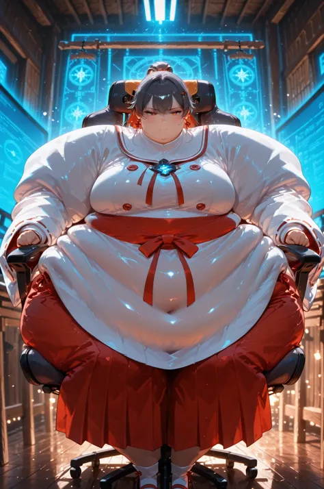 masterpiece, best quality, 1girl, solo,A hyper-detailed, slightly dark image of Kiko, a Japanese high school student, seated in her heavily customized, clunky, dark gray hover chair that looks cobbled-together with exposed wires and a sophisticated gaming ...