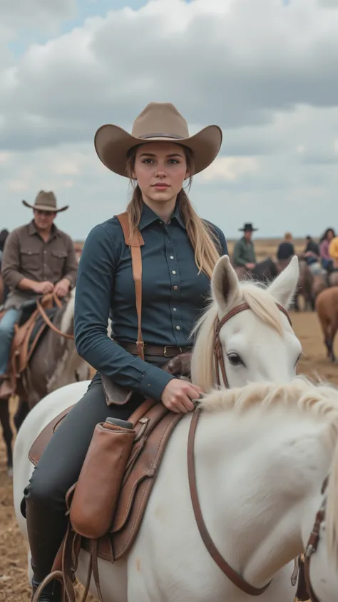 high-definition images、 She is the daughter of a farmer who teaches horseback riding in the prairie area of Fort Worth.、She rides a white horse and keeps her eyes on the passengers while controlling it.