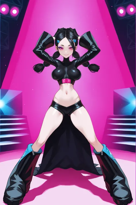 Candice. Black hair. Hair tied back. Long tied hair. Forehead. Fringe. Pink eyes. Villain eyeshadow. Purple eyeshadow. Sarcastic smile. Glossy costume. Red mark. Belly button. Black latex gloves. Oversized boots. Perky breasts. Slender waist. Belly button....