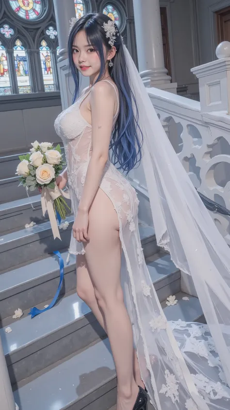 A hyper-realistic, photorealistic image of Azur Lane's New Jersey as a live-action beautiful young woman with long flowing blue-tinted hair, bunny ear-like headpiece, wearing a white wedding dress with sheer lace and floral embellishments, exposing skin in...
