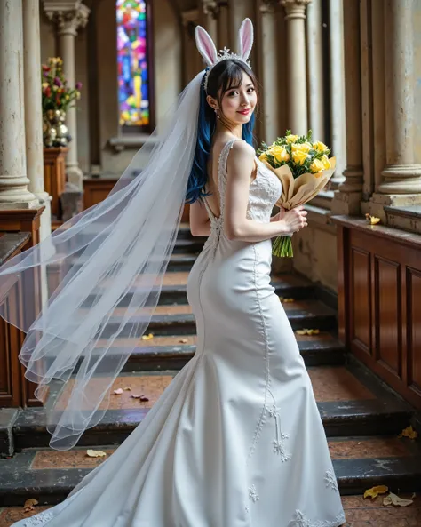 A hyper-realistic, photorealistic image of Azur Lane's New Jersey as a live-action beautiful young woman with long flowing blue-tinted hair, wearing a detailed white bunny ear-like headpiece with a flowing white veil gently swaying in the wind, adorned wit...