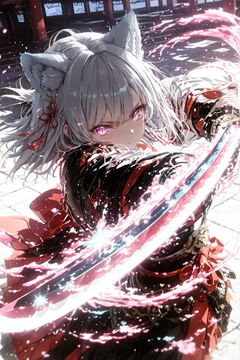 Wolf Girl,Wolf ears ,girls、Fighting clothes ,disheveled hair、white hair、MEDIUM HAIR、Shrine Maiden Suit 、detailed eyes 、 slit pupils 、cute faces getting creampied, watercolor, , anime style4K,  
  dramatic lighting、bright color、 Strong Brushwork  、high cont...