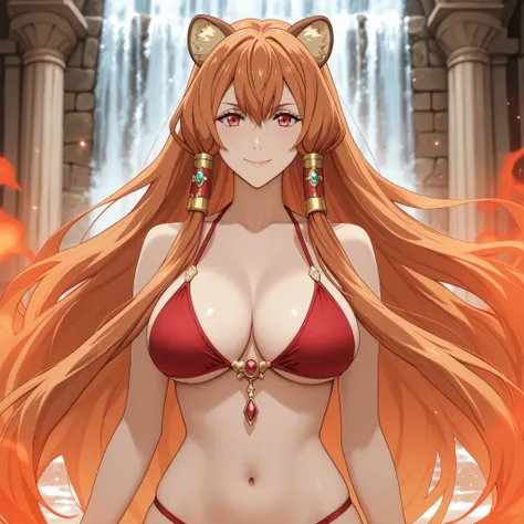 Natalia, tate no yuusha no nariagari, raccoon girl, raccoon ears, Cola de Mullida, animal ear fluff, Red Eyes, orange hair, very long hair, long hair, hair between the eyes, capillary tubes, curvaceous and elegant figure, with large breasts and harmonious...