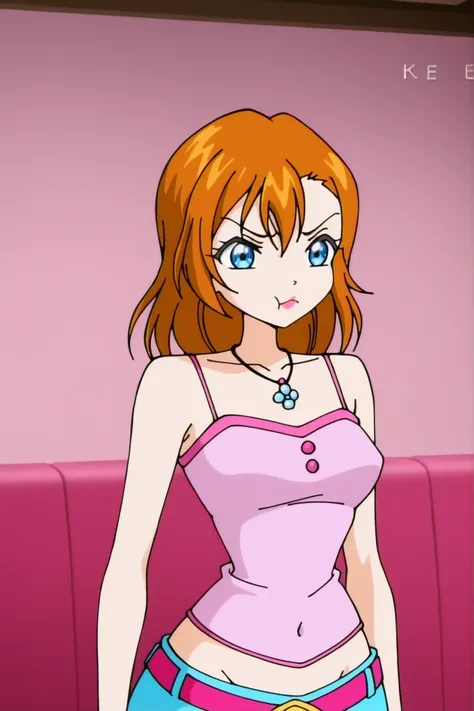 winx , 1girl, anime screen cap, kousaka honoka, upper body, pink tube top, spaghetti straps,necklace,wide hip , lipstick, pouting , covered navel , lowleg,belt,(covered nipples:0.8), indoors , midriff peek 